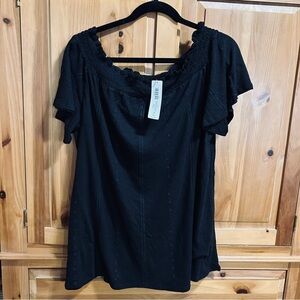 NWT Chico’s Large (2) smocked, off-the-shoulder top - black